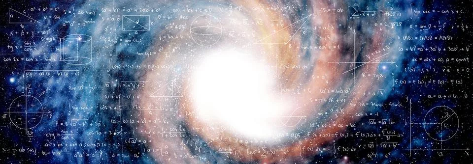 Illustration of basic physics and mathematics formulas and galaxy in universe Stock Illustration