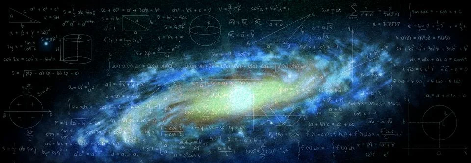 Illustration of basic physics and mathematics formulas and galaxy in universe Illustrazione stock