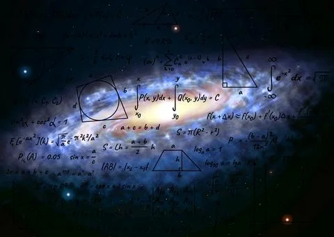 Illustration of basic physics and mathematics formulas and galaxy in universe Illustrazione stock