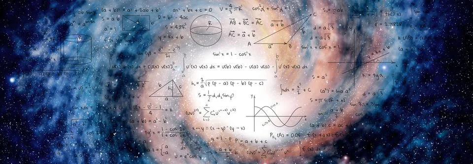 Illustration of basic physics and mathematics formulas and galaxy in universe Foto stock