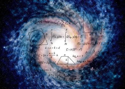 Illustration of basic physics and mathematics formulas and galaxy in universe Stock Photos