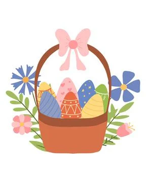 Illustration of a basket with bow and easter eggs. Stock Illustration