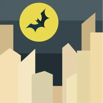 Illustration bat on background the moon over city in style of flat stylized Stock Illustration