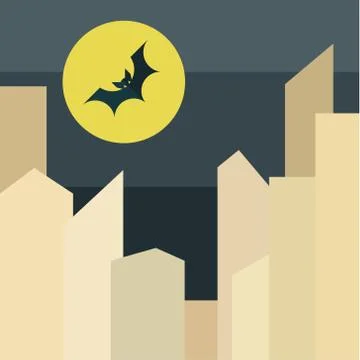 Illustration bat on background the moon over city in style of flat stylized Stock Illustration