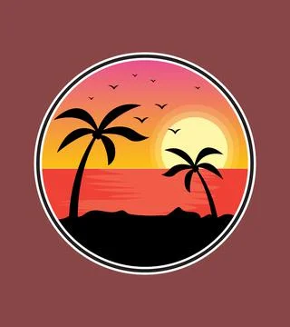 Illustration of beach at sunset with palm tree silhouette Stock Illustration