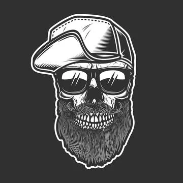 Illustration of bearded skull in baseball cap in engraving style. Design elem イラスト素材