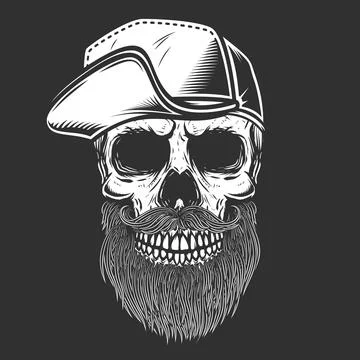 Illustration of bearded skull in baseball cap in engraving style. Design elem Illustrazione stock