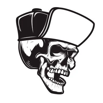 Illustration of bearded skull in baseball cap in engraving style. Design elem Illustrazione stock