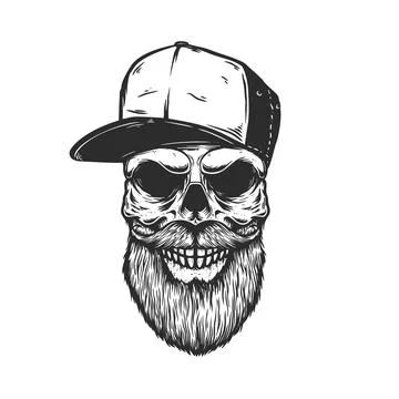 Illustration of bearded skull in baseball cap in engraving style. Design elem Illustrazione stock