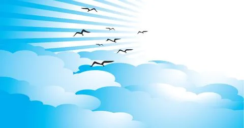 Illustration of a beautiful bright sky with rays clouds and birds, vector illust Stock Illustration