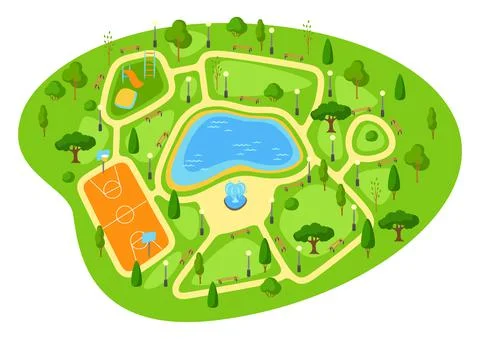 Illustration of beautiful summer or spring city park. Urban public space with Ilustración de archivo