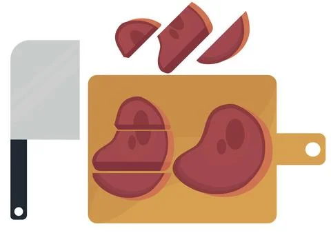 Illustration of beef being cut into pieces on a cutting board Stock Illustration