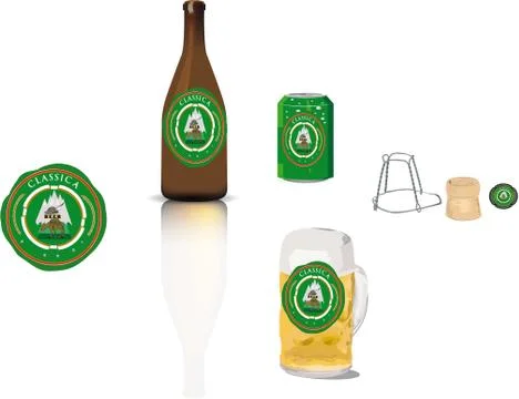 Illustration of a beer logo on different objects isolated on a white backgrou Stock Illustration
