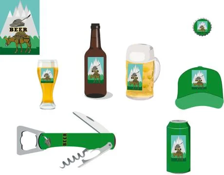 Illustration of a beer logo on different objects isolated on a white backgrou 스톡 일러스트