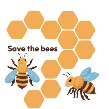 Illustration of bees with honeycomb pattern and the message Save the bees Illustrazione stock