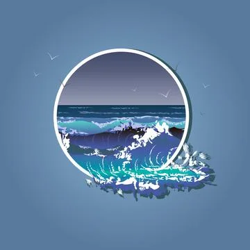 Illustration of the big waves in white frame. Sea storm Stock Illustration