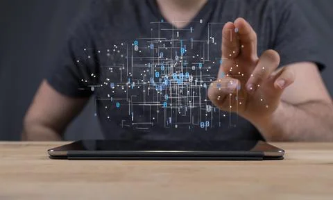 Illustration of binary codes and a human hand touching a transparent screen Stock Photos
