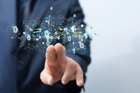 Illustration of binary codes and a human hand touching a transparent screen Stock Photos