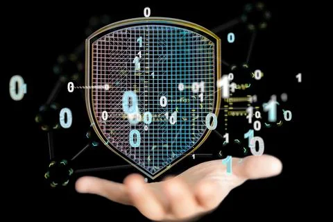 Illustration of binary codes and a human hand touching a transparent screen Stock Photos