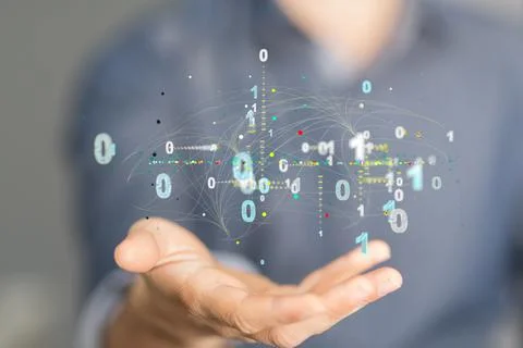 Illustration of binary codes and a human hand touching a transparent screen Stock Photos