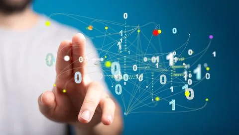 Illustration of binary codes and a human hand touching a transparent screen Stock Photos