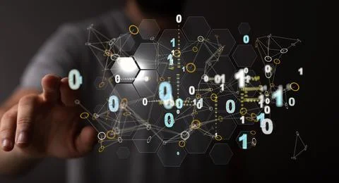Illustration of binary codes and a human hand touching a transparent screen Stock Photos
