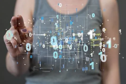 Illustration of binary codes and a human hand touching a transparent screen Stock Photos