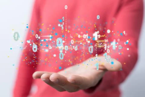 Illustration of binary codes and a human hand touching a transparent screen Stock Photos