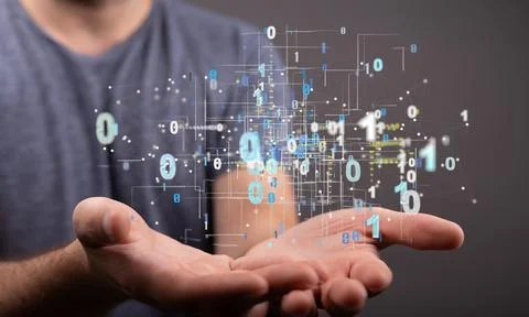 Illustration of binary codes in a human hand touching a transparent screen Stock Photos