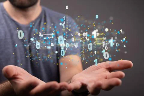 Illustration of binary codes in human hands Stock Photos