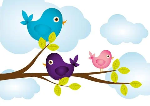 Illustration of birds on tree branches, clouds in background, vector Illustrazione stock
