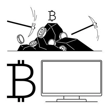 Illustration of Bitcoin Mining with Tools and Computer Monitor Highlighting.. Stock Illustration