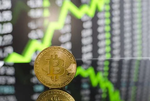 An illustration of a bitcoin with reflection on the surface with green blurry Stock Illustration