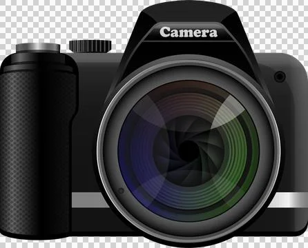 Illustration of a black digital camera with a large lens against a plain bl.. Stock Illustration