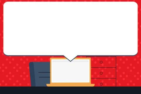 Illustration of Blank Huge Rectangular Speech Bubble Over Laptop. White Text Stock Illustration