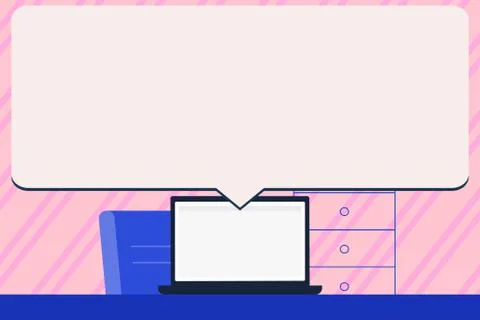 Illustration of Blank Huge Rectangular Speech Bubble Over Laptop. White Text Illustrazione stock