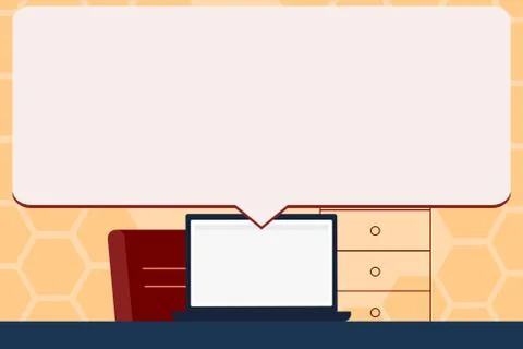 Illustration of Blank Huge Rectangular Speech Bubble Over Laptop. White Text Illustrazione stock