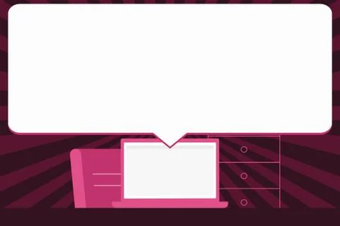 Illustration of Blank Huge Rectangular Speech Bubble Over Laptop. White Text Illustrazione stock