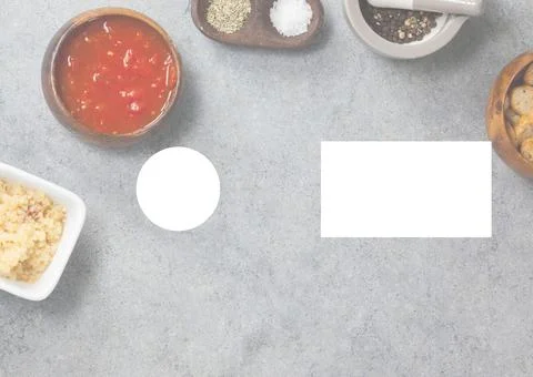 Illustration with blank rectangle and circle over cooking ingredients on grey Foto stock