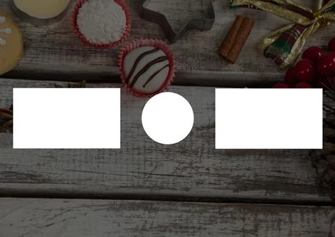 Illustration with blank rectangles and circle over cupcakes and ingredients Foto stock