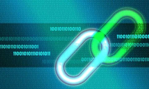 Illustration of a blockchain with binary codes on a blue digital background Illustrazione stock