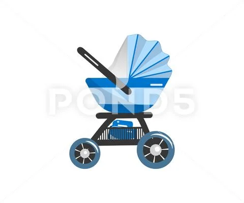 Illustration of Blue Baby stroller for baby boy with bag. Vector icon. Clip Art 95113671