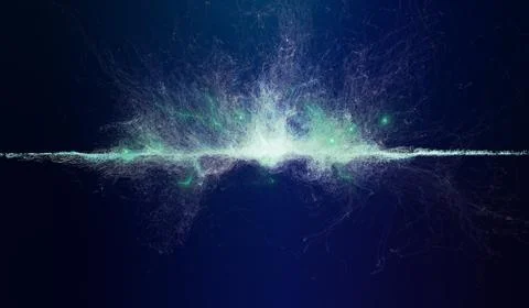 Illustration of blue-colored particles exploding on a horizontal line Stock Illustration