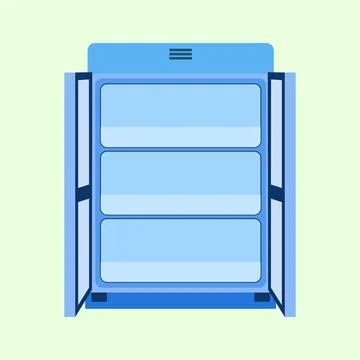 Illustration of a blue fridge with two open doors and three empty shelves, Illustrazione stock