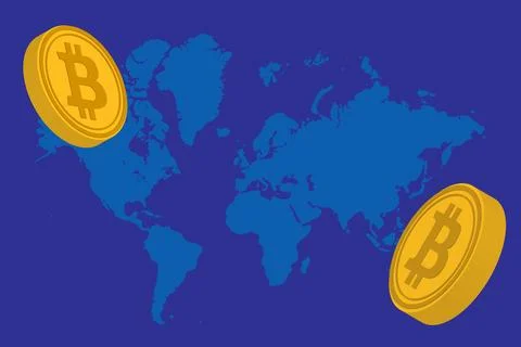 Illustration of a blue world map with two gold bitcoin coins on the top left and Stock Illustration
