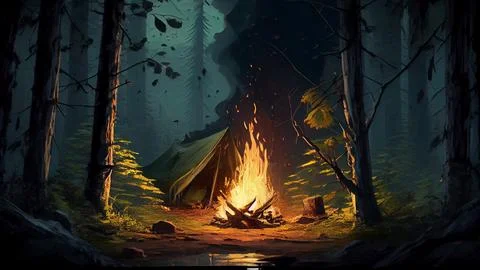 Illustration of a bonfire in the forest with a tent at night Stock Illustration