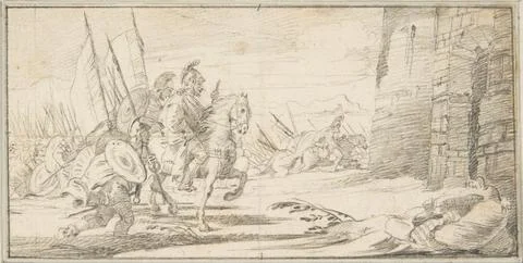 Illustration for a Book: Troops Advancing toward a City Gate 16961770 Giova.. Stock Illustration