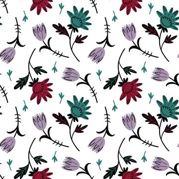 Illustration of a botanical seamless pattern. Flowers, leaves, branches. Folk Stock Illustration