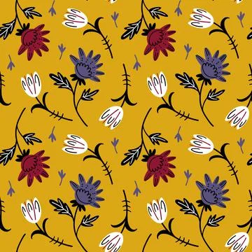 Illustration of a botanical seamless pattern. Flowers, leaves, branches. Folk Stock Illustration