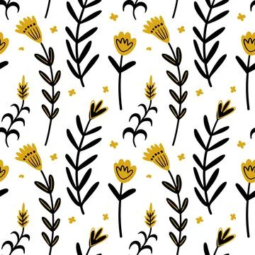 Illustration of a botanical seamless pattern. Flowers, leaves, branches. Folk Stock Illustration